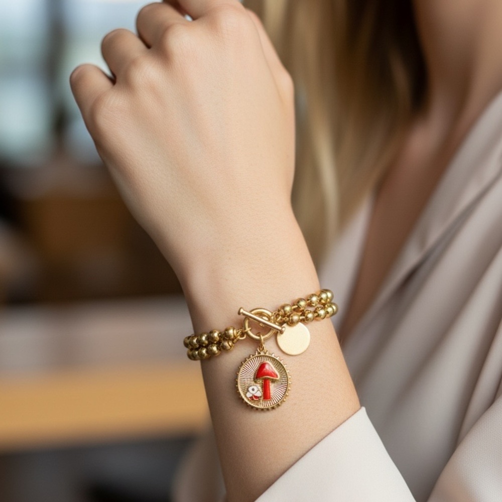 Gold and Red Mushroom Charm Bracelet
